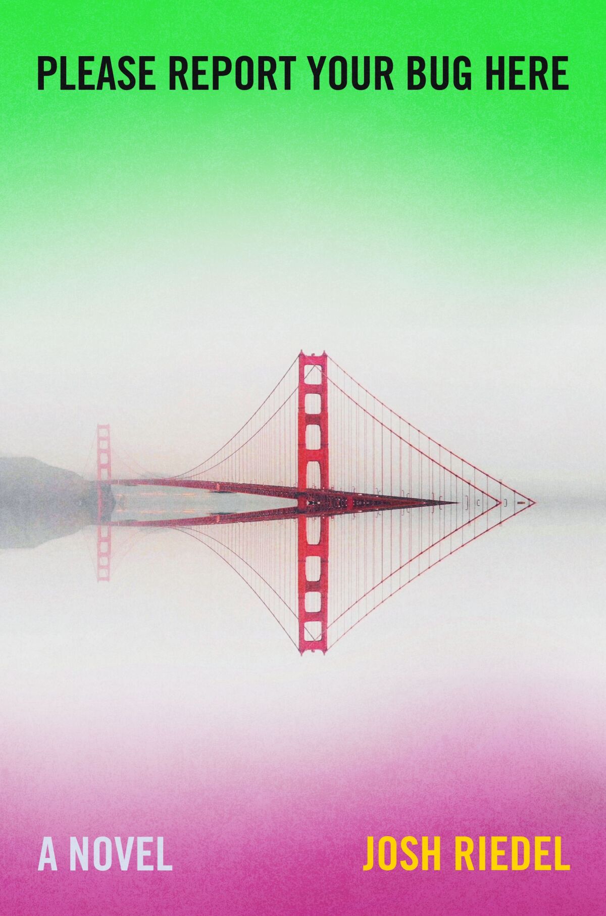 A green, white and pink book cover with the Golden Gate Bridge. 