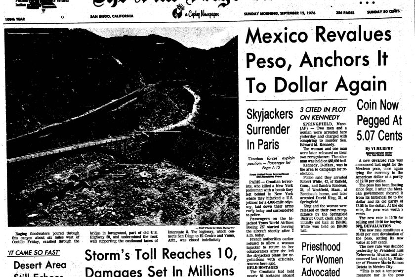 The front page of The San Diego Union-Tribune, Sunday, Sept. 12, 1976 bears news of tropical storm Kathleen.