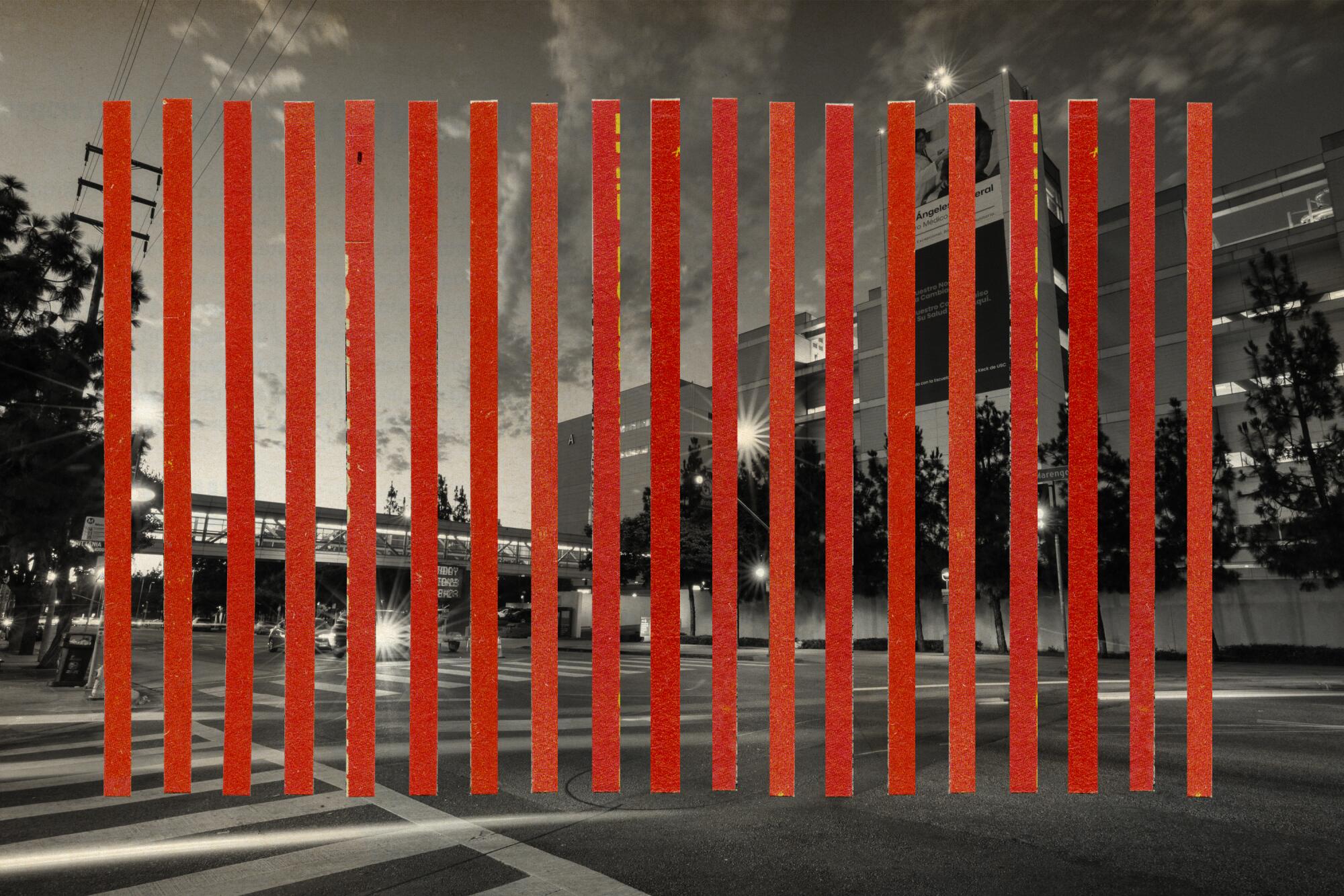 collage illustration of L.A. General hospital with red vertical stripes