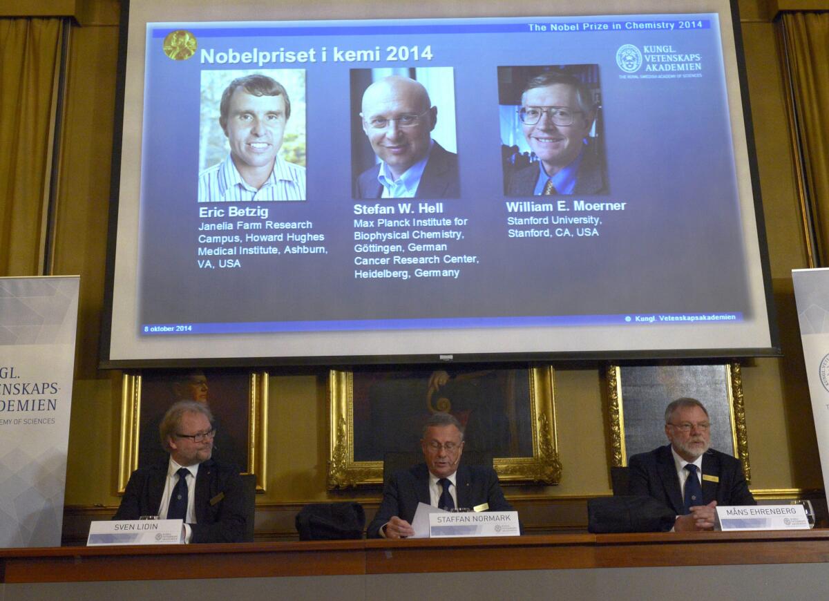 Representatives of the Swedish Royal Academy of Sciences announce the 2014 Nobel chemistry laureates in Stockholm.