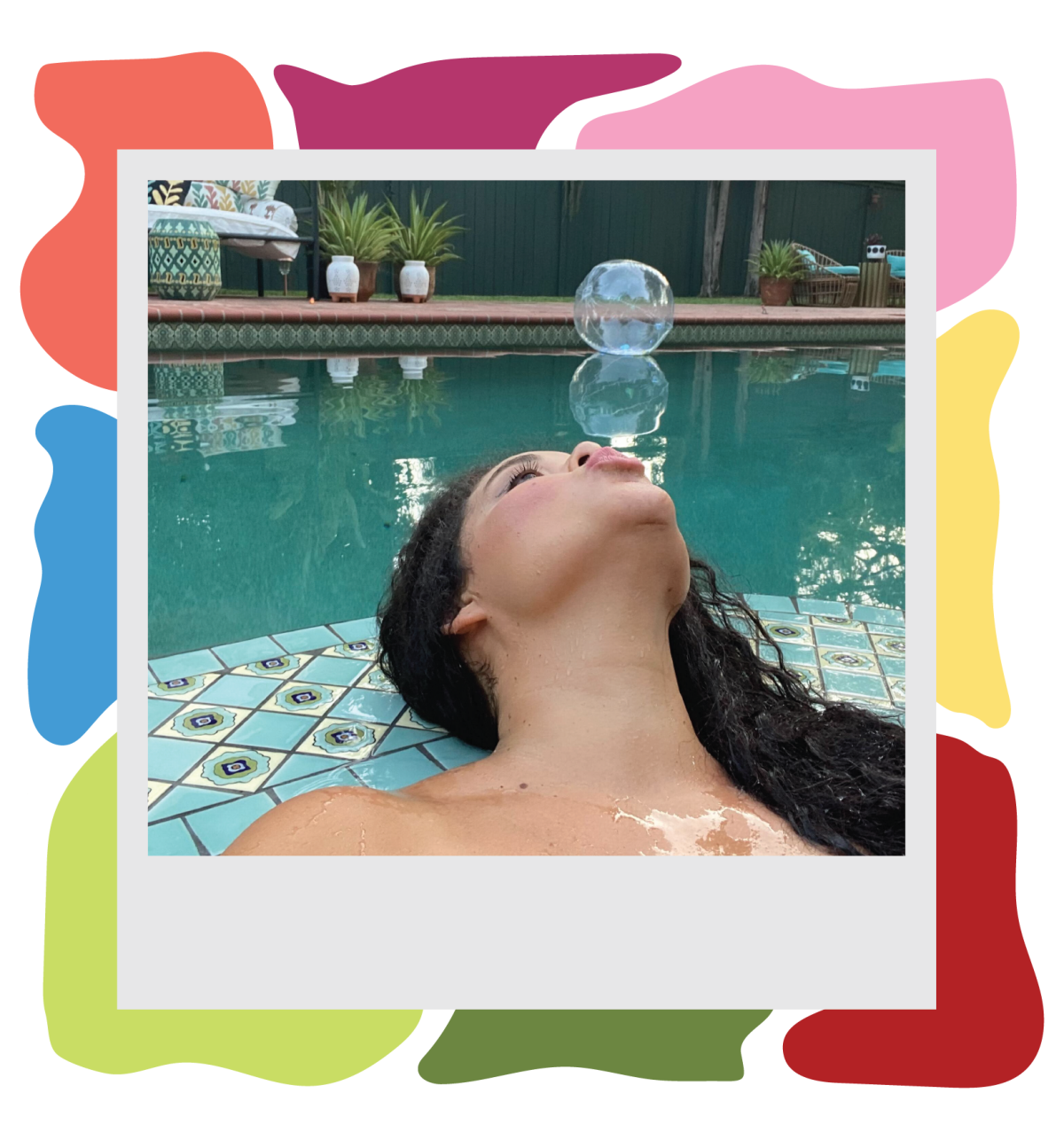 Photographic illustration of a Polaroid image of a woman next to a pool with colorful shapes bordering the image from behind.