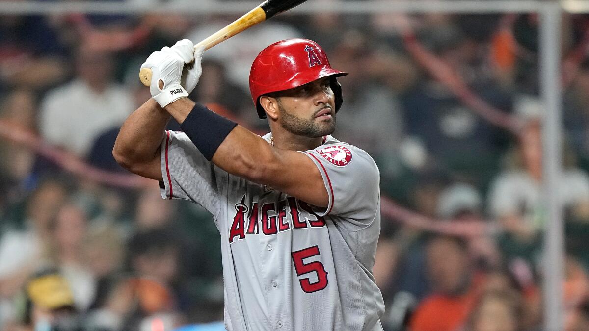 Albert Pujols holds a bat