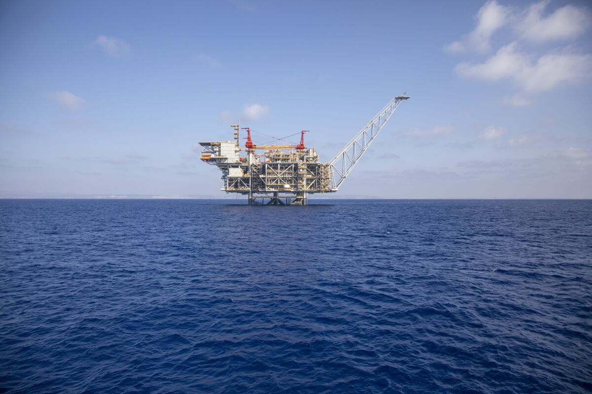 Israel's offshore Leviathan gas field in the Mediterranean Sea, Tuesday, Sept. 29, 2020. Lebanon and Israel have reached an agreement on a framework of indirect, U.S.-mediated talks over a longstanding disputed maritime border between the two countries, the parties announced Thursday. Lebanon began offshore drilling earlier this year and is expected to start drilling for gas in the disputed area with Israel before in the coming months. (AP Photo/Ariel Schalit)
