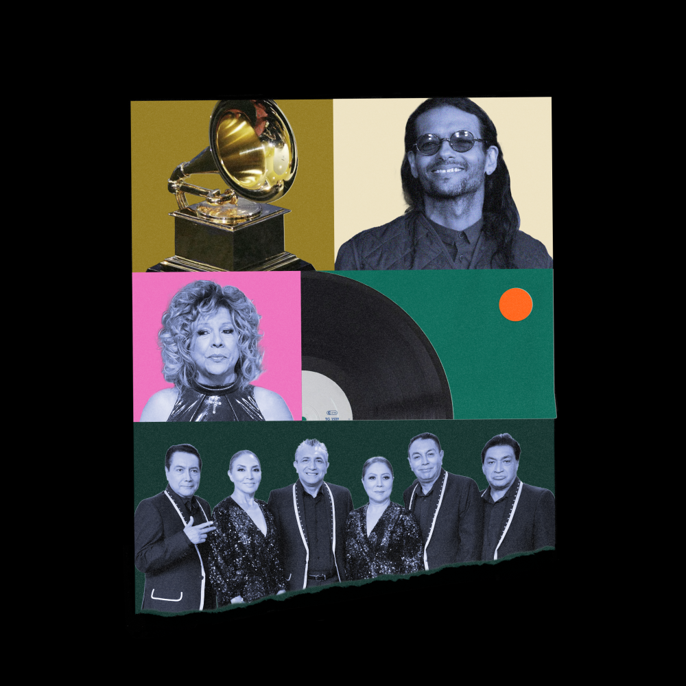 Collage of Draco Rosa, Albita, Los Ángeles Azules and a Grammy award.