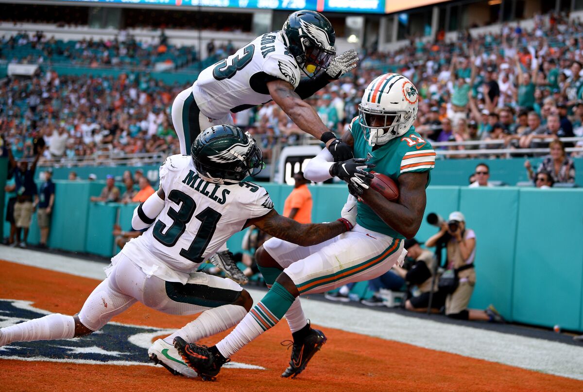 Miami Dolphins wide receiver DeVante Parker catches a touchdown pass.