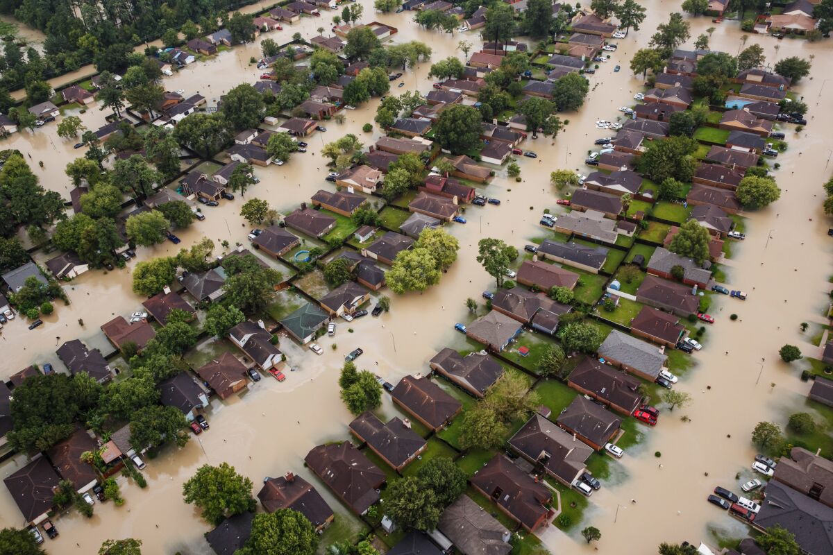 A flooded residential neighborhood near Interstate 10 in Houston, Texas.