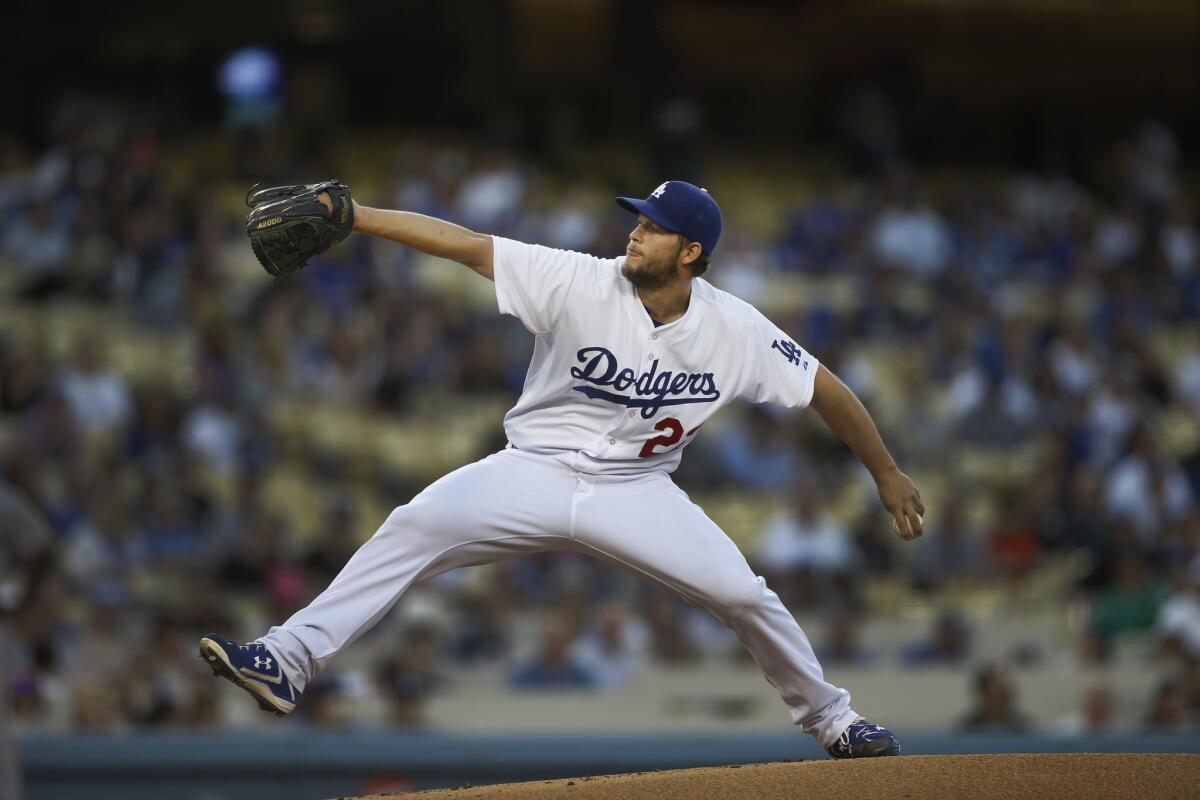 Clayton Kershaw delivers a pitch in the first innind of a game Tuesday against the San Francisco Giants.