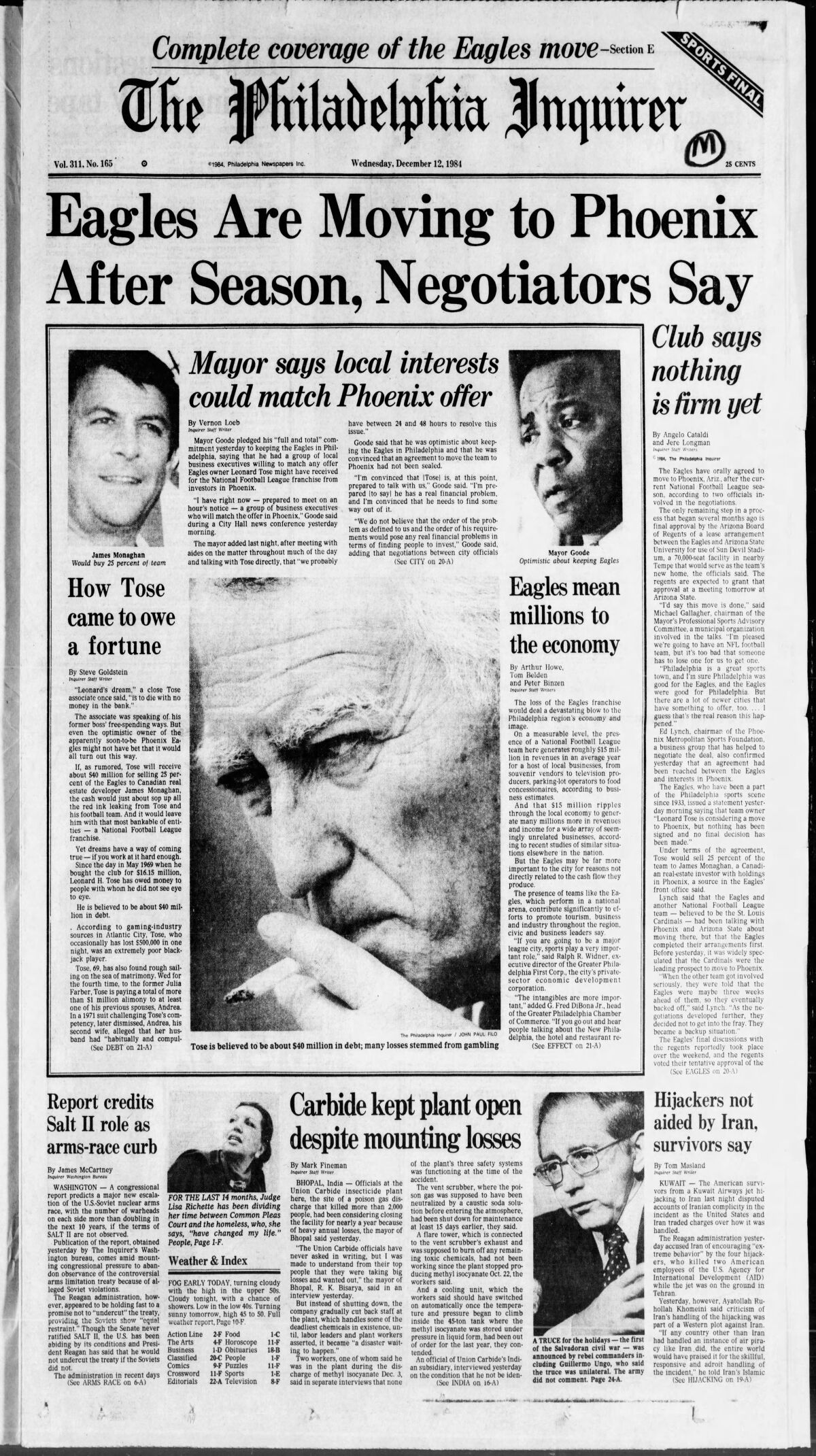 Philadelphia Eagles'ın Phoenix'e olası transferi, 12 Aralık 1984'te Philadelphia Inquirer için ön sayfa haberiydi.