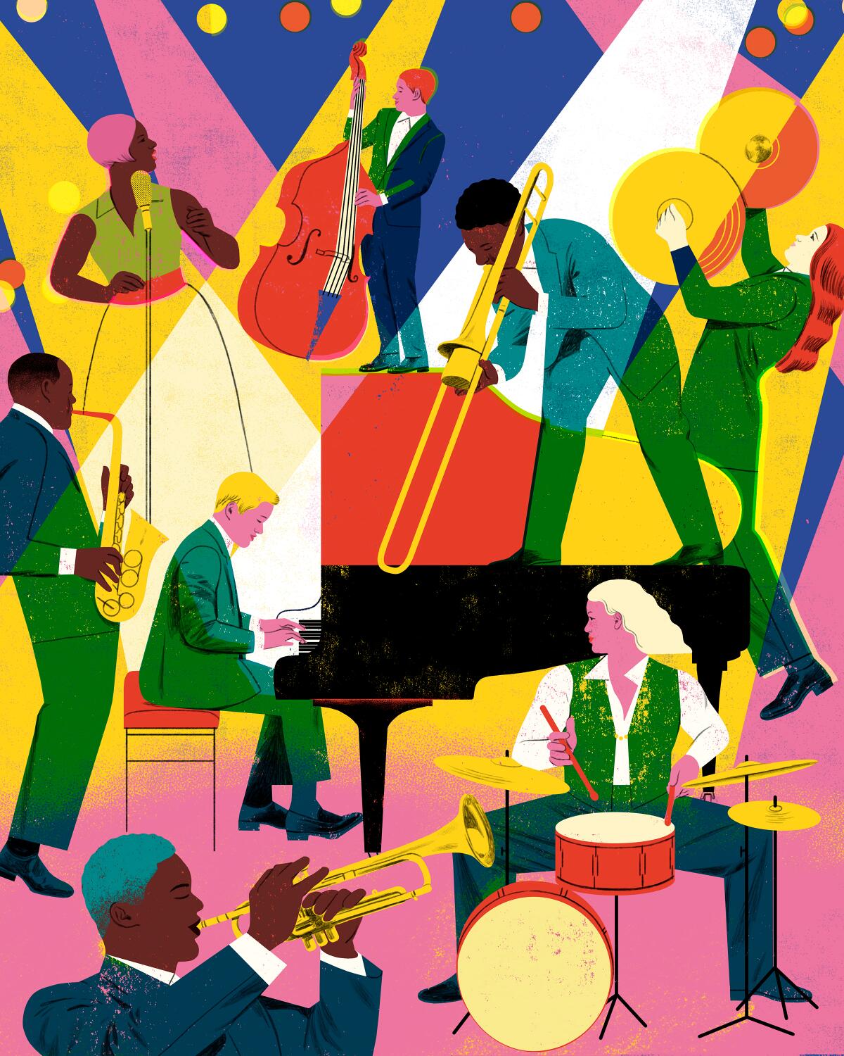 Illustration of a jazz band playing under colorful spotlights