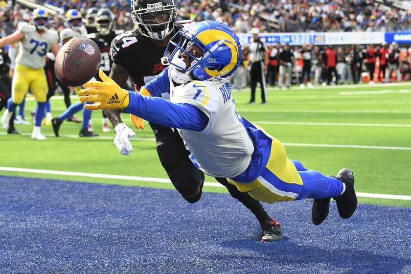 Inglewood, California September 18, 2022-Rams receiver Allen Robinson dives but can't make the catch in the end zone in front of Falcons cornerback Darren Hall in the fourth quarter at SoFi Stadium Sunday.(Wally Skalij/Los Angeles Times)