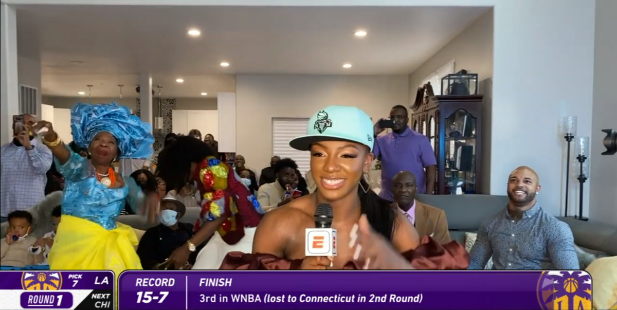 A screenshot of the ESPN broadcast of Michaela Onyenwere, center, being picked sixth overall in the 2021 WNBA draft