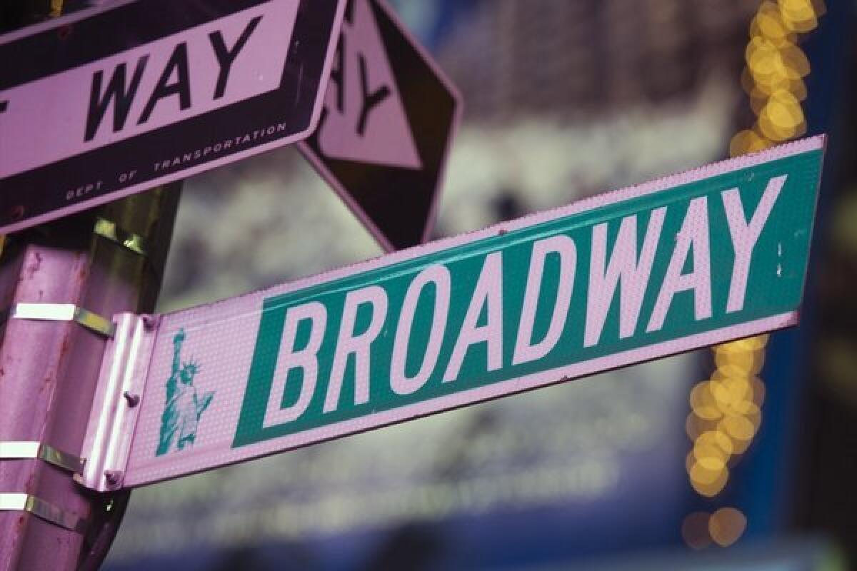 A New York street sign at Broadway in Times Square. Shows predictably took a significant hit at the box office following super storm Sandy last week.