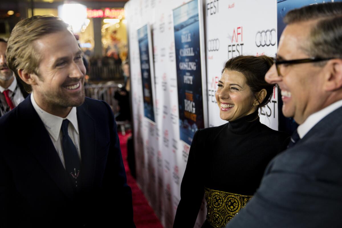 Actors Ryan Gosling, left, Marisa Tomei and Steve Carell on the red carpet for the world premiere of "The Big Short" at the AFI Film Festival.