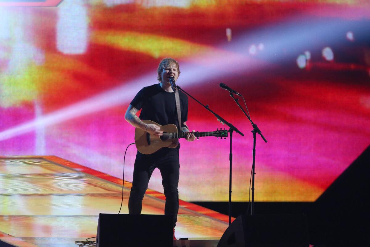 Ed Sheeran performs at the Brit Awards ceremony at the 02 Arena in London on Feb. 25.
