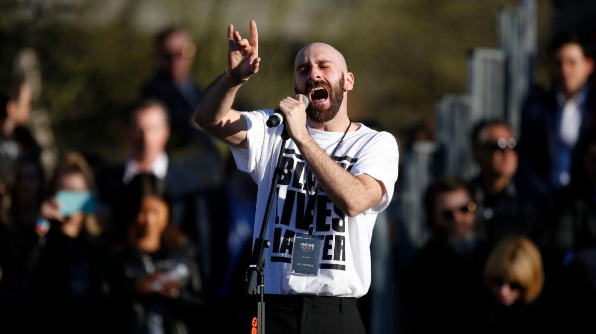 Sam Harris of X Ambassadors performs at the United Voices rally organized by United Talent Agency.