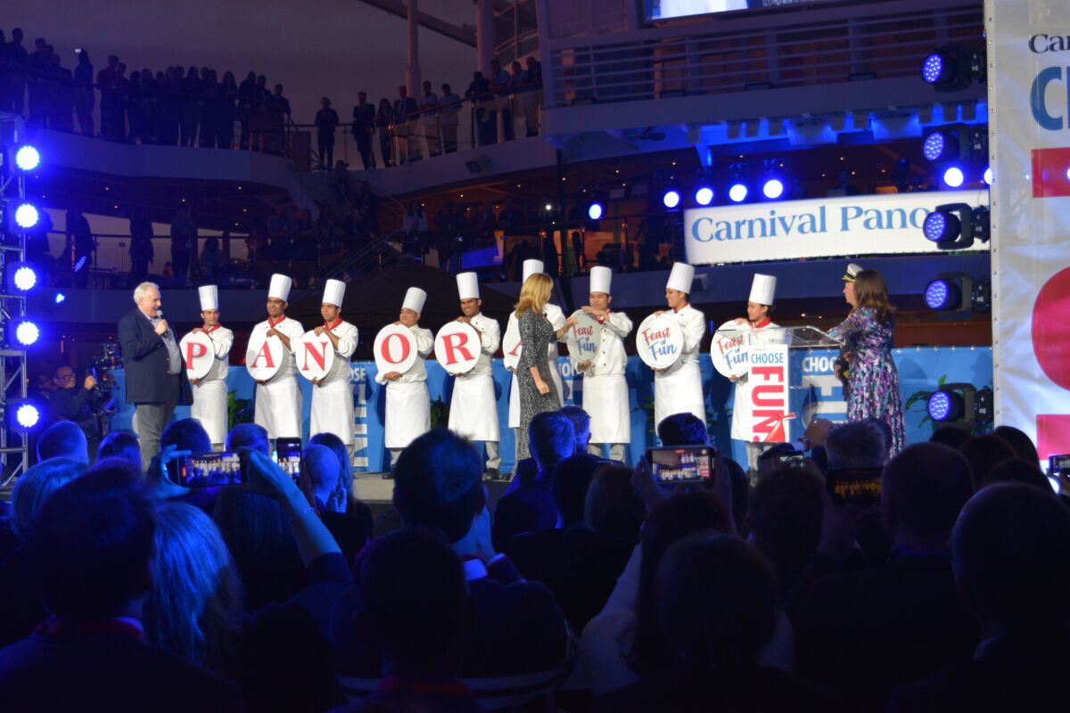 Vanna White, godmother of Carnival Cruise Line's newest ship, Panorama, turns letters "Wheel of Fortune" style during the ships’s naming ceremony in Long Beach. 