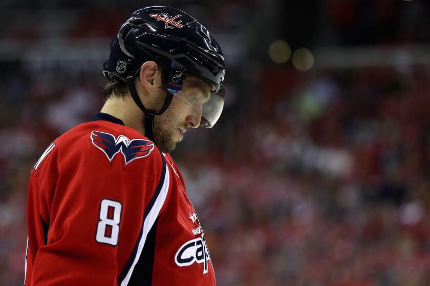 Capitals forward Alex Ovechkin looks on during the second period of a playoff game against the Flyers on April 22.