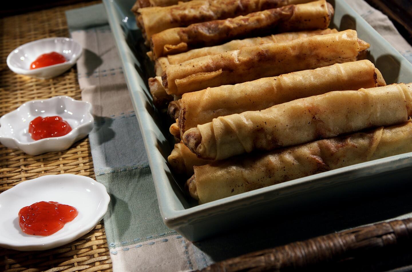 Egg rolls stuffed with pork and chestnuts.