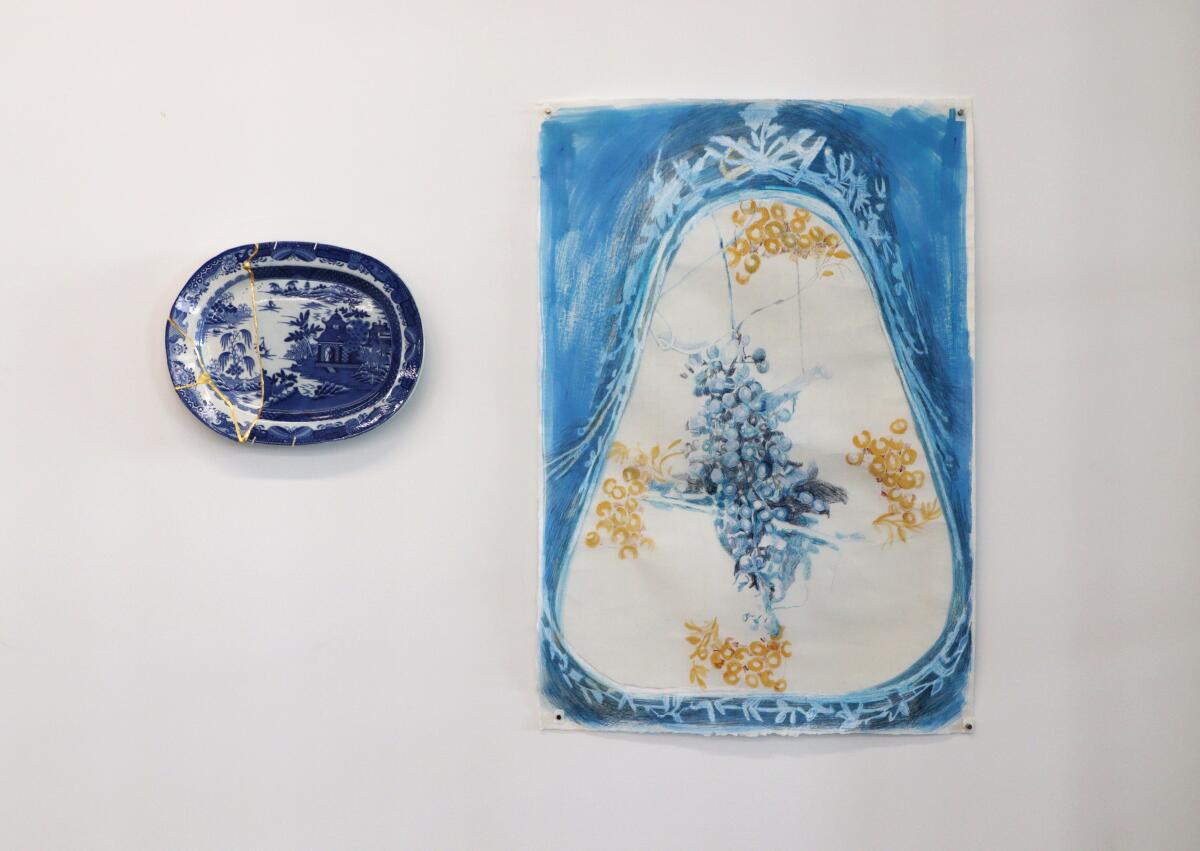 At left: Paul Scott's "Scott’s Cumbrian Blue(s), Garden No: 2 (after Turner and Stephenson)," 2014-2019; collage, Staffordshire transferware with Chinese porcelain, tile cement, epoxy resin and gold leaf. Right: Fran Siegel's "Underside," 2020; pencil and pigment on paper.