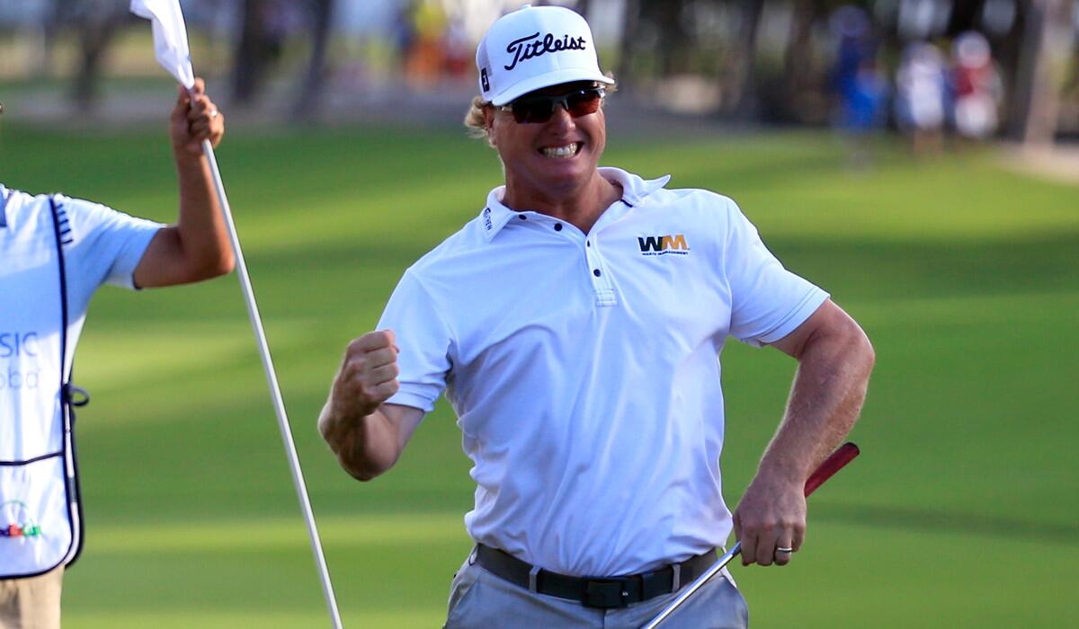 American Charley Hoffman celebrates after closing out his victory in the OHL Classic on Sunday.