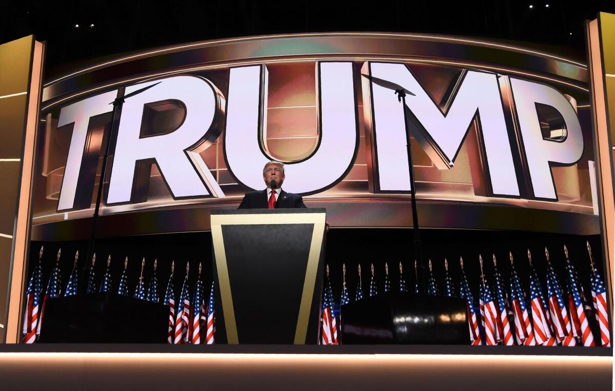 Donald Trump addresses delegates at the 2016 Republican National Convention in Cleveland.