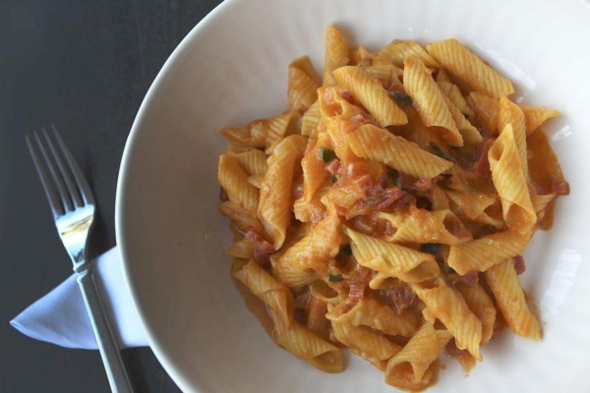 Garganelli pasta with heirloom tomatoes at chef Michael Young's Ombra in Studio City.
