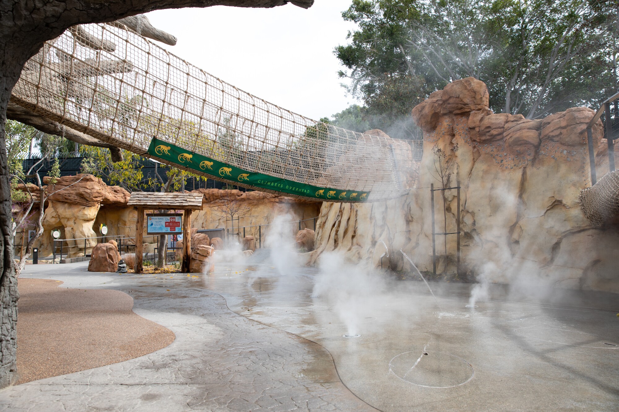 A splash pad with fog at San Diego Zoo's Wildlife Explorers Basecamp.