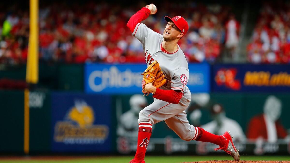 Los Angeles Angels starter Griffin Canning delivers a pitch in the first inning June 21 at Busch Stadium in St. Louis. Canning made it through 5 1/3 innings, over which he gave up two runs, scattered four hits and struck out three.