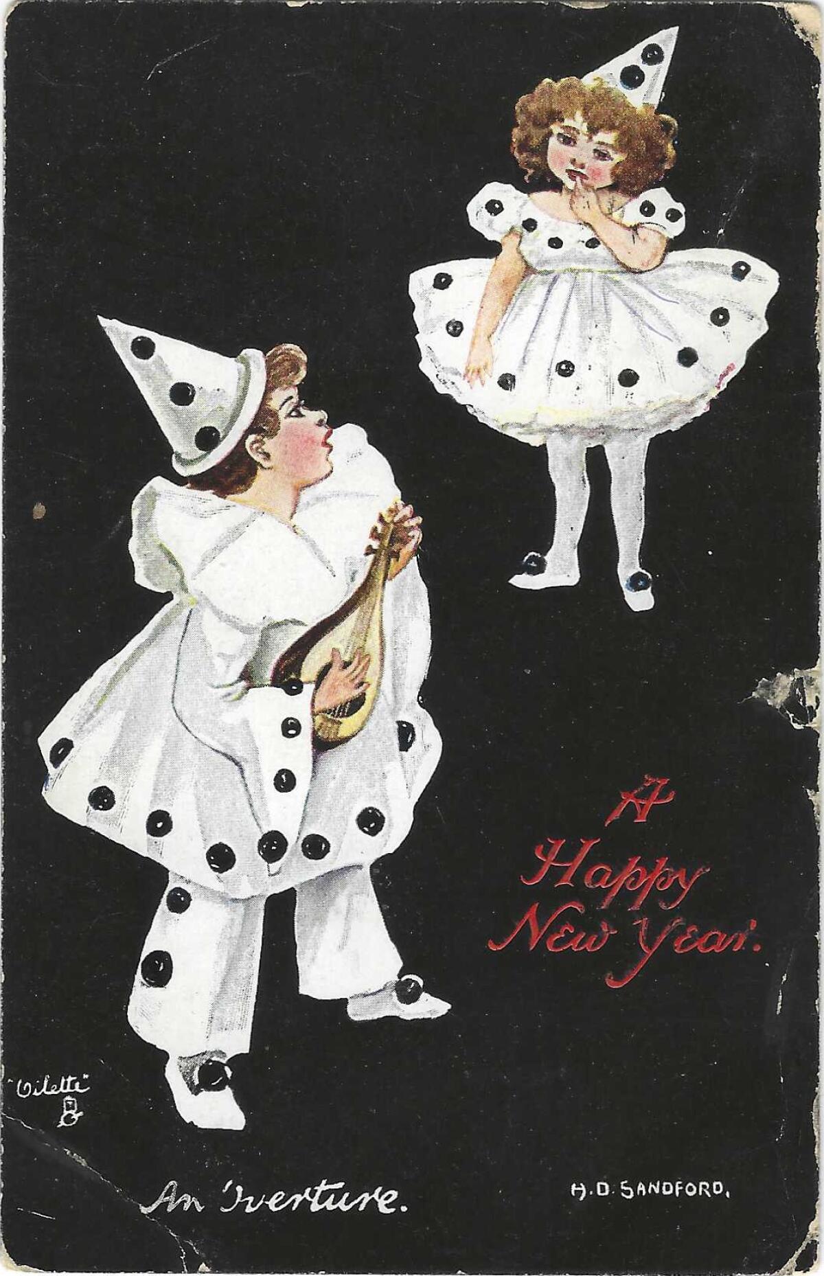 Children in polka-dot outfits on a postcard that says "A Happy New Year."