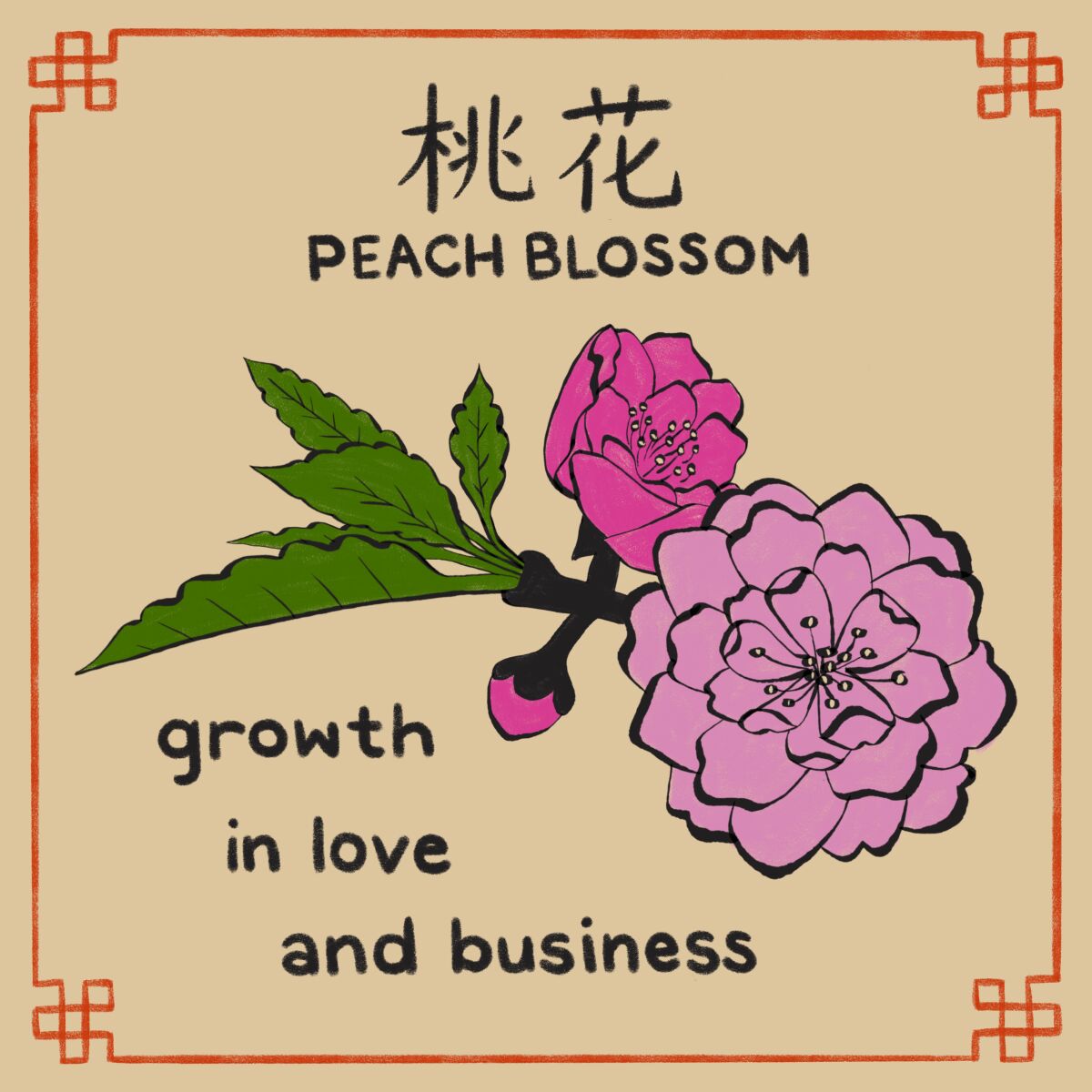 Illustration of pink Peach blossom with the words "growth in love and business"