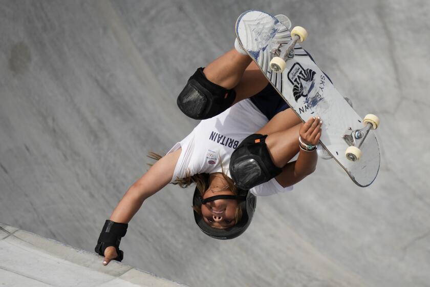 Sky Brown of Britain takes part in a women's park skateboarding practice session at the 2020 Summer Olympics, Monday, Aug. 2, 2021, in Tokyo, Japan. (AP Photo/Ben Curtis)