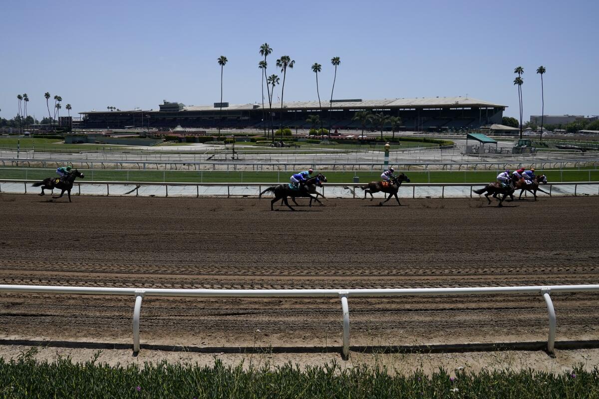 Horses race past empty stands at Santa Anita Park on May 22.