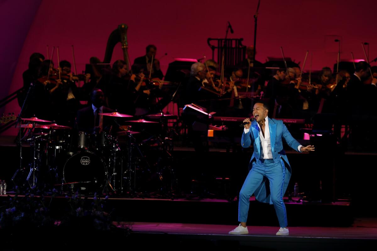 The singer was accompanied by the Hollywood Bowl Orchestra.