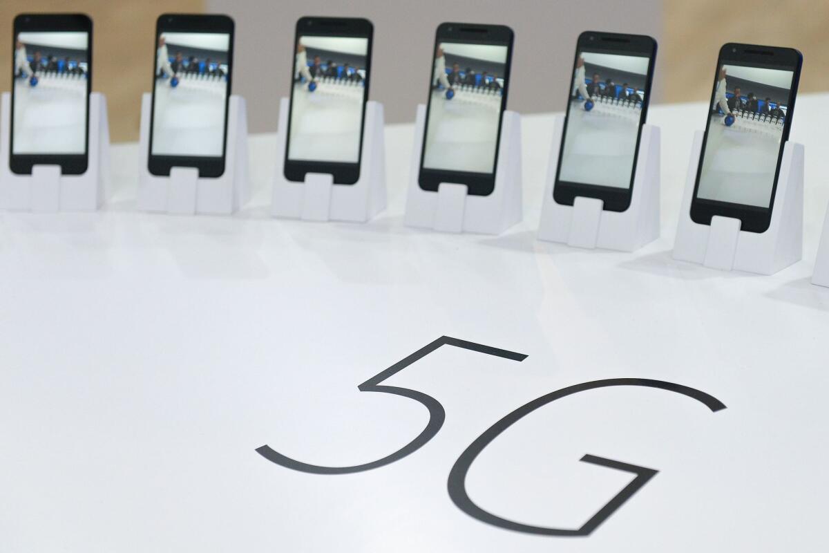 Mobile phones with 5G are displayed at the Mobile World Congress in Barcelona in February.