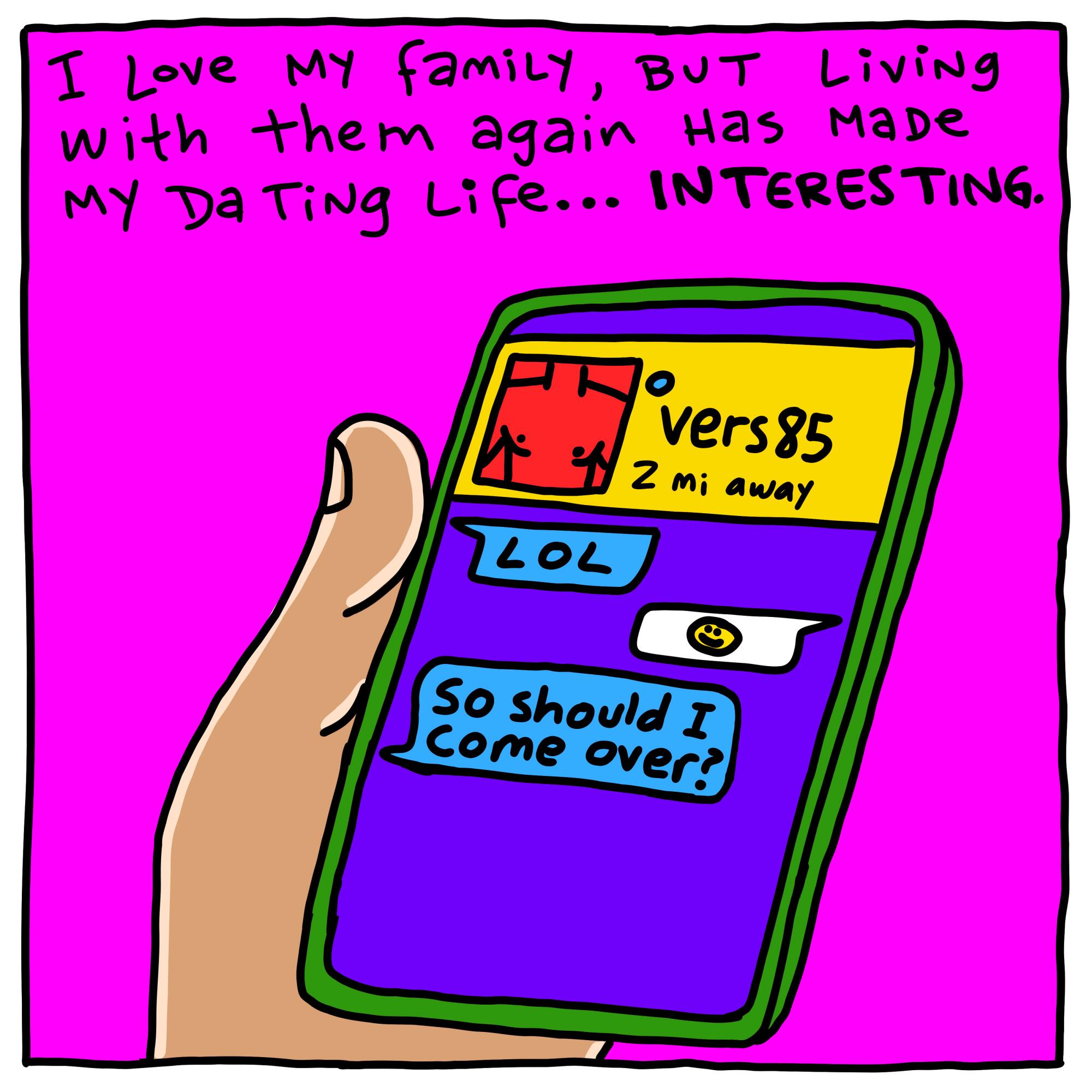 I love my family, but living with them again has made my dating life...interesting