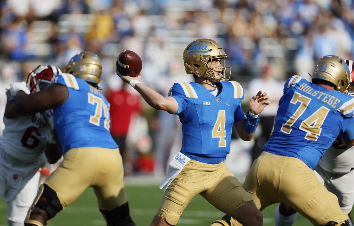 UCLA quarterback Ethan Garbers passes during a loss to Indiana at the Rose Bowl on Sept. 14.