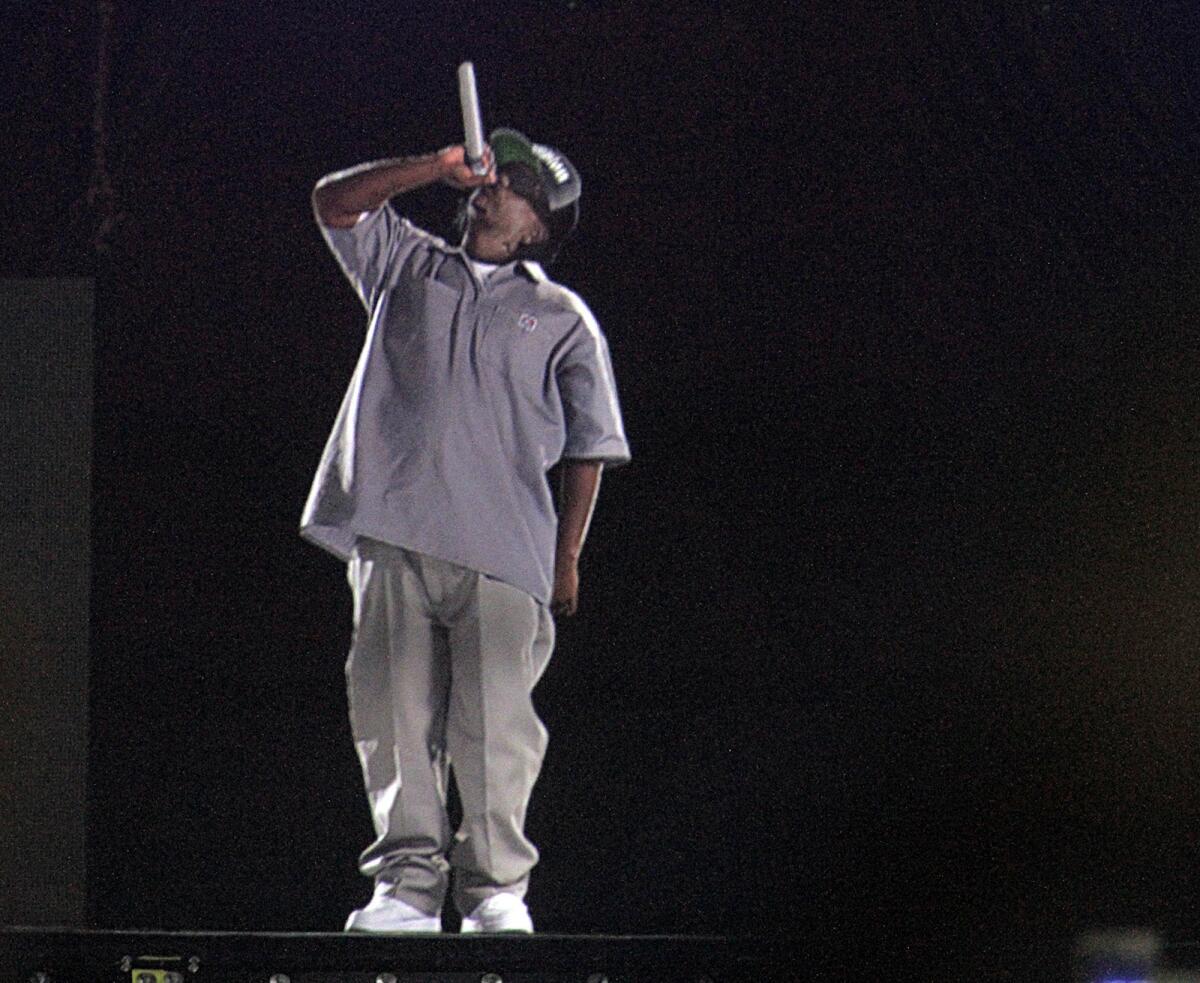 The hologram of Eazy-E incorporated in the performance of Bones Thugs-n-Harmony on Day 1 of Rock the Bells on Saturday at San Manuel Amphitheatre in San Bernardino.
