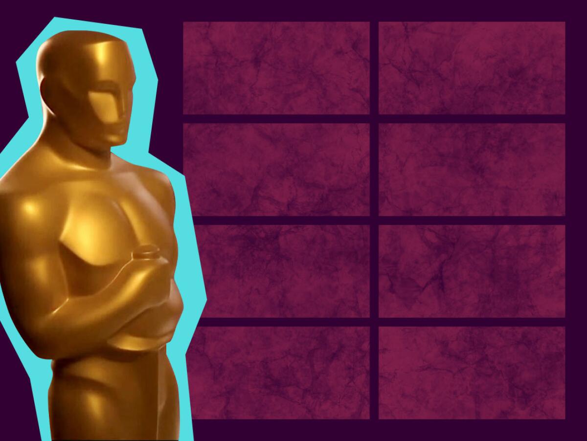 photo illustration of the Oscar statue against a background of eight blank screens