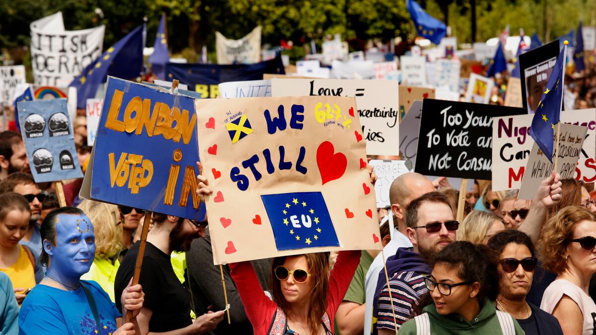 Signs were out in force during Saturday's protest in London against Brexit.