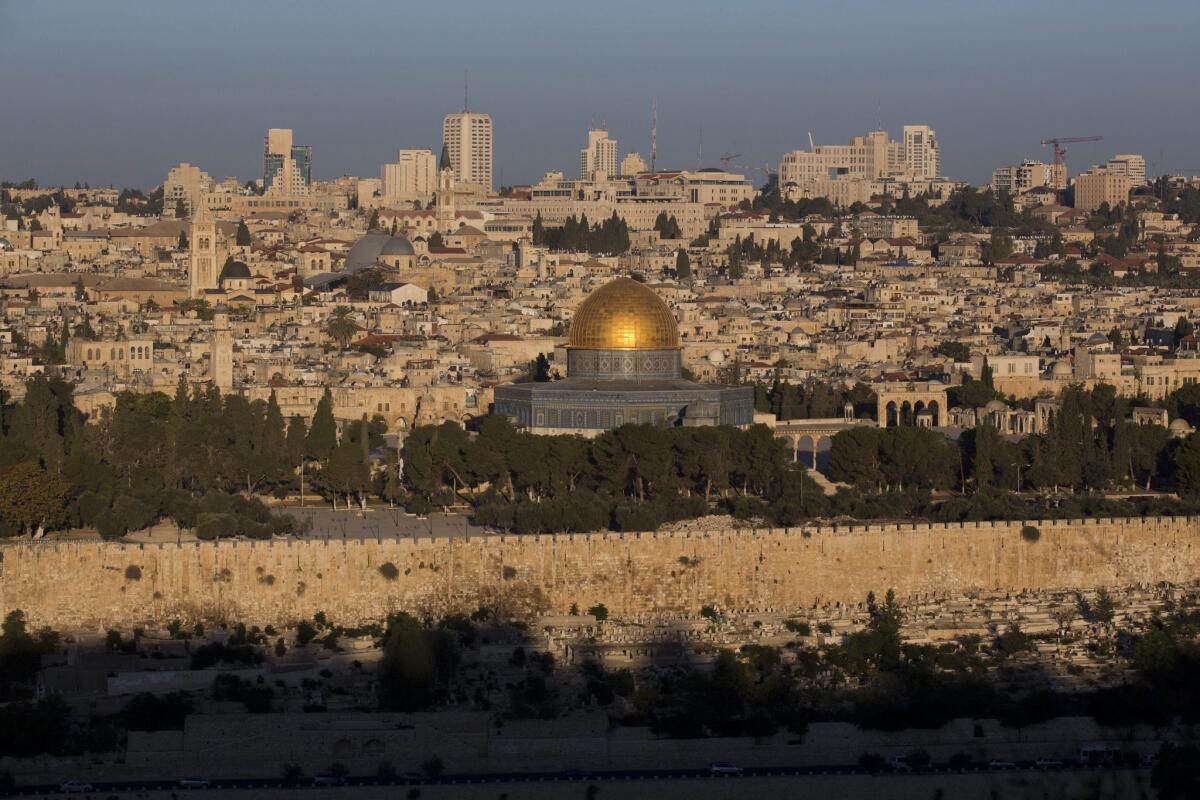 The view from the Mount of Olives Promenade early in the morning overlooking the Old City of Jerusalem.