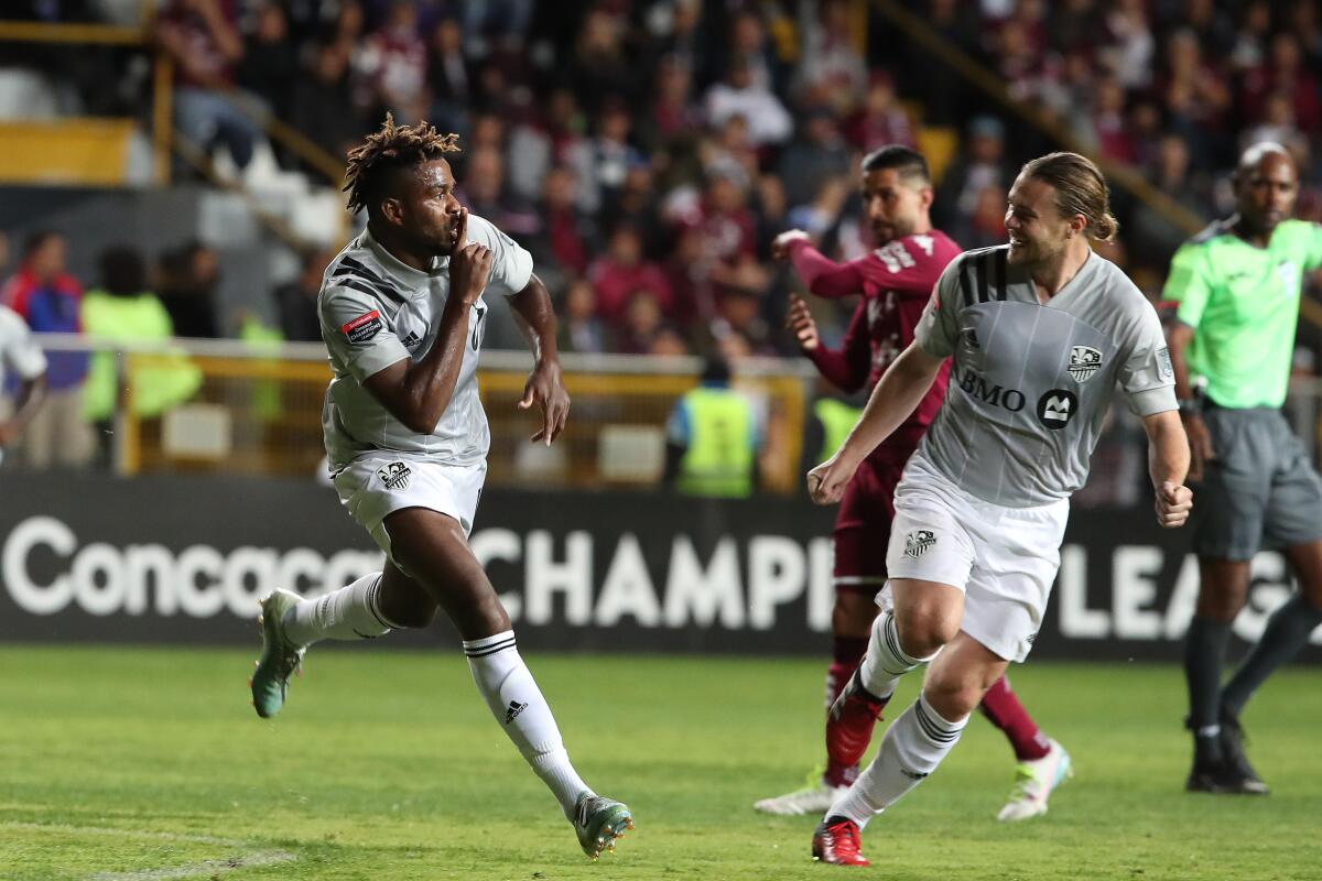 Canada's Montreal Impact player Orji Okwonkwo (R) and Samuel Piette (L) celebrateagainst Deportivo Saprissa during their CONCACAF Champions League match at Ricardo Saprissa Stadium in San Jose, on February 19, 2020. - Canada's Montreal Impact player Orji Okwonkwo (R) and Samuel Piette (L) celebrateagainst Deportivo Saprissa during their CONCACAF Champions League match at Ricardo Saprissa Stadium in San Jose, on February 19, 2020. (Photo by John DURAN / AFP) (Photo by JOHN DURAN/AFP via Getty Images) ** OUTS - ELSENT, FPG, CM - OUTS * NM, PH, VA if sourced by CT, LA or MoD **