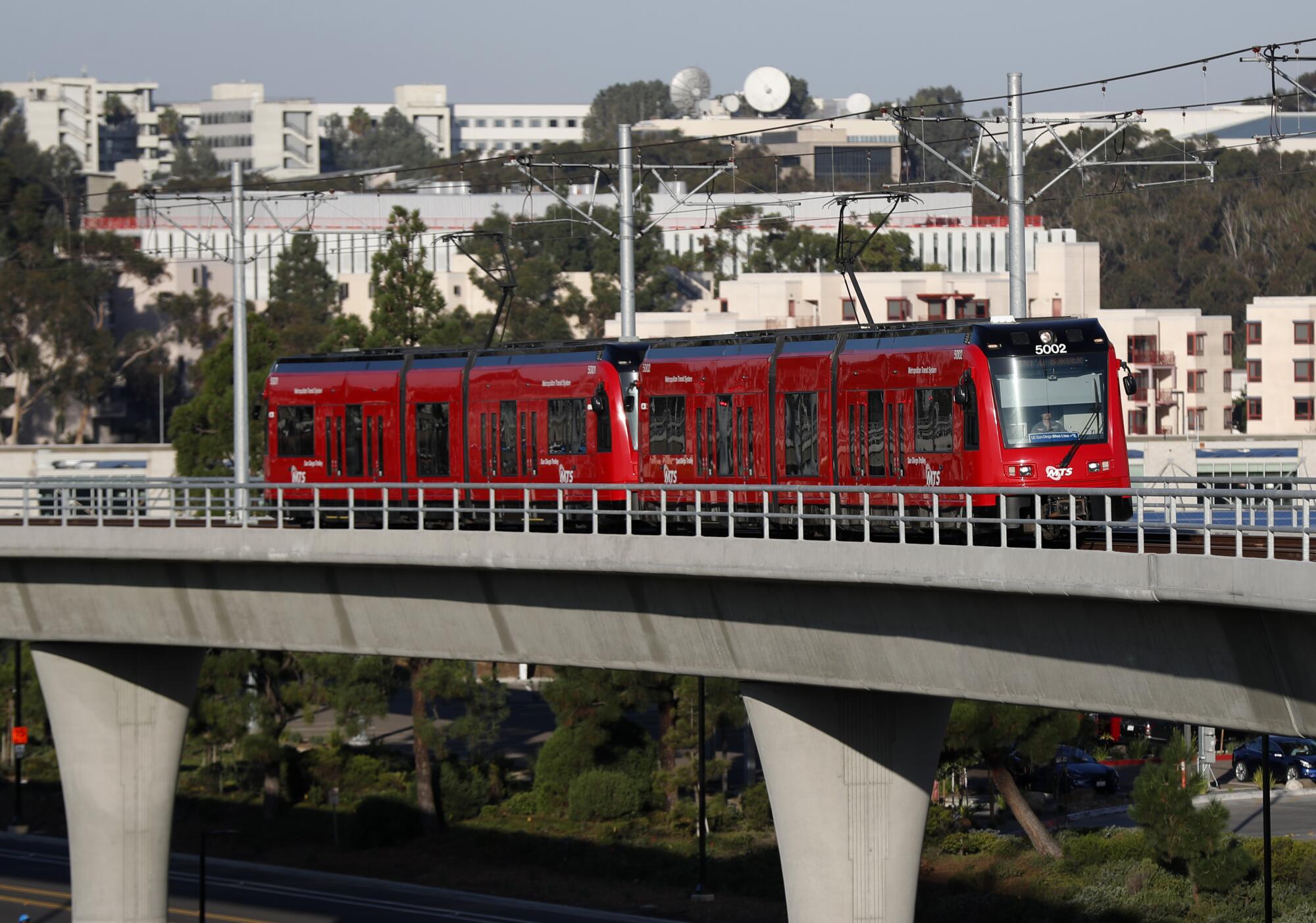 A trolley on the MTS Mid-Coast Extension Blue Line