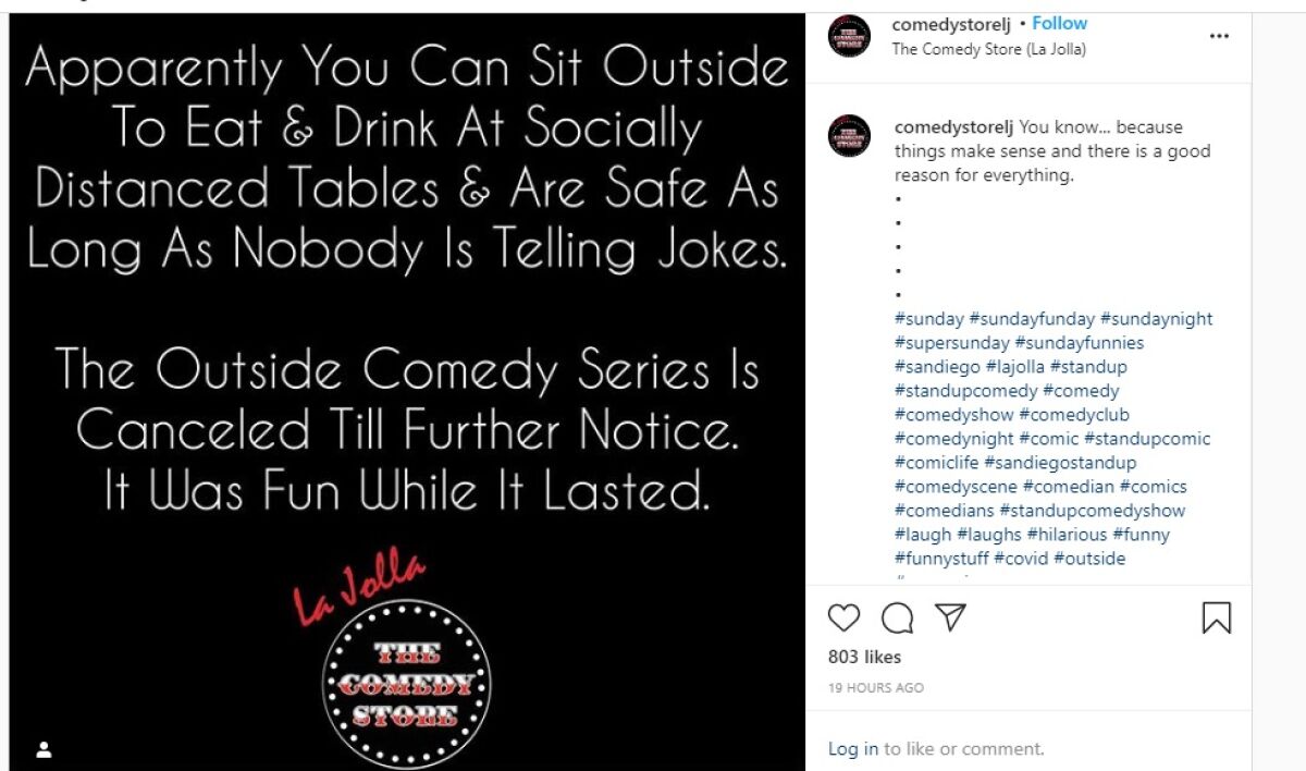 A post on the La Jolla Comedy Store's Instagram page announces the closure of its Outside Comedy Series.