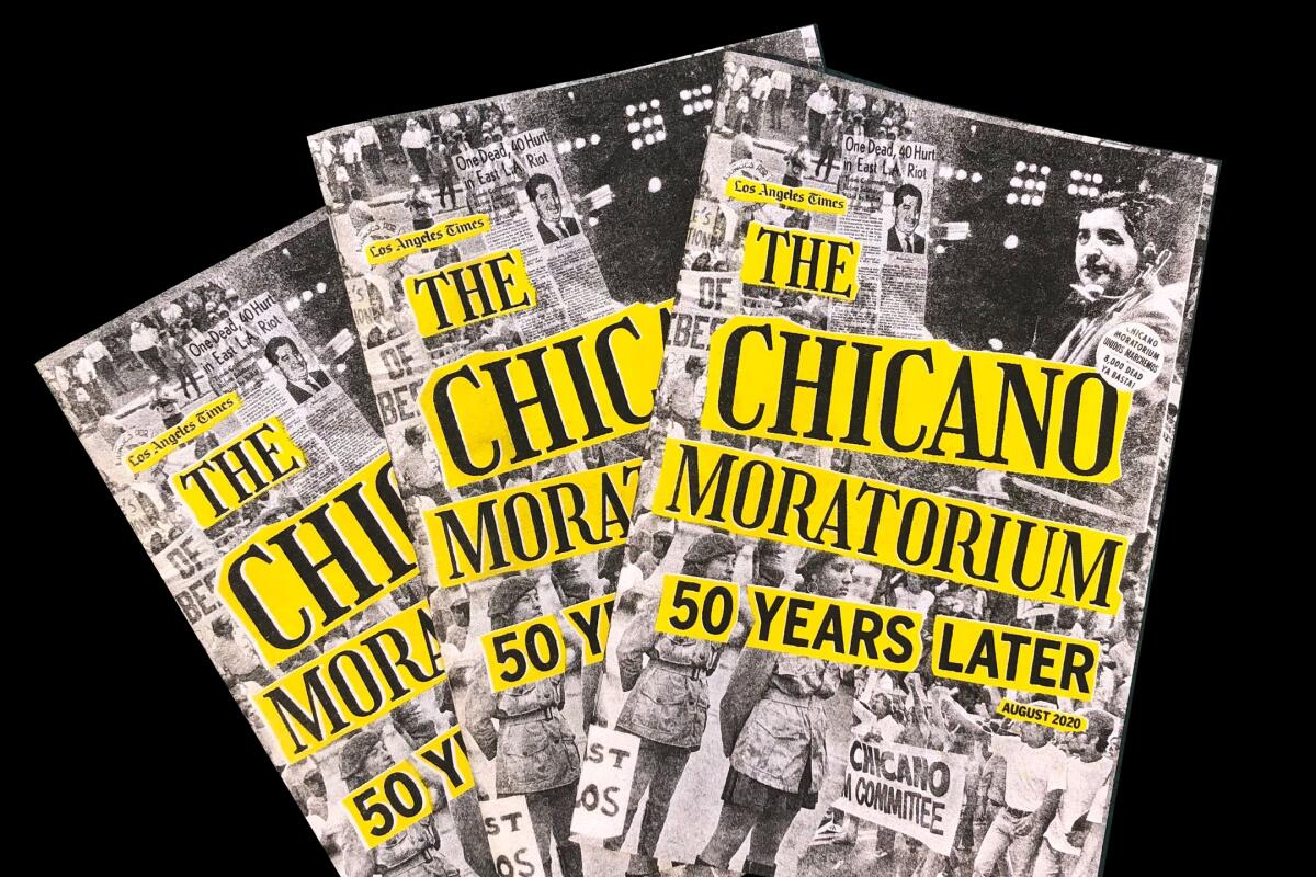 Three copies of a zine with the title "The Chicano Moratorium: 50 Years Later" over a black-and-white photo collage 