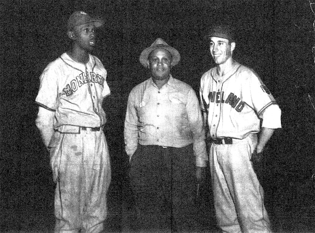From left, Satchel Paige, Halley Harding and Bob Feller