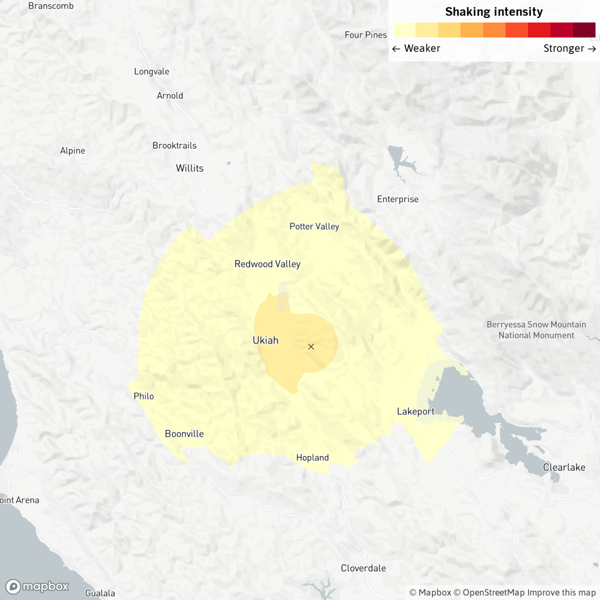 A map shows the quake epicenter near Ukiah. 