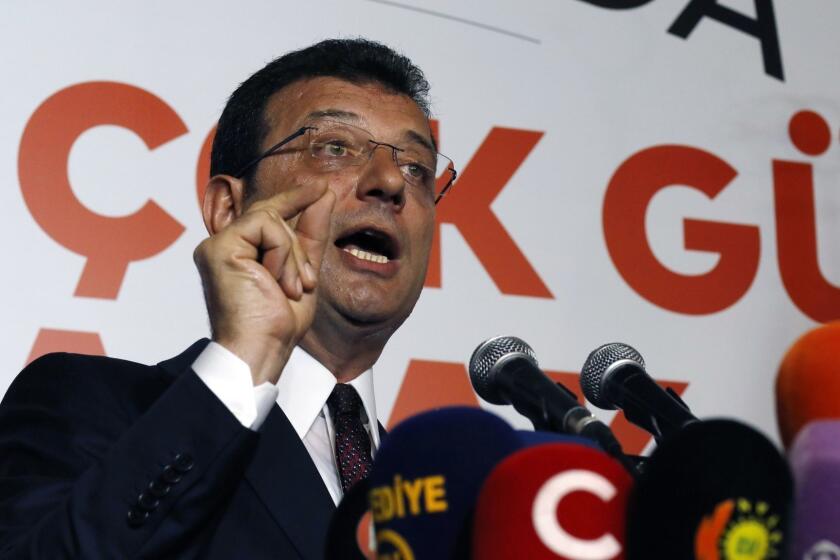 Ekrem Imamoglu candidate of the secular opposition Republican People's Party makes statements at CHP offices in Istanbul, Sunday, June 23, 2019. A former Turkish prime minister backed by Turkey's ruling party has conceded defeat and congratulated Imamoglu in Istanbul's repeated mayoral election. (AP Photo/Burhan Ozbilici)