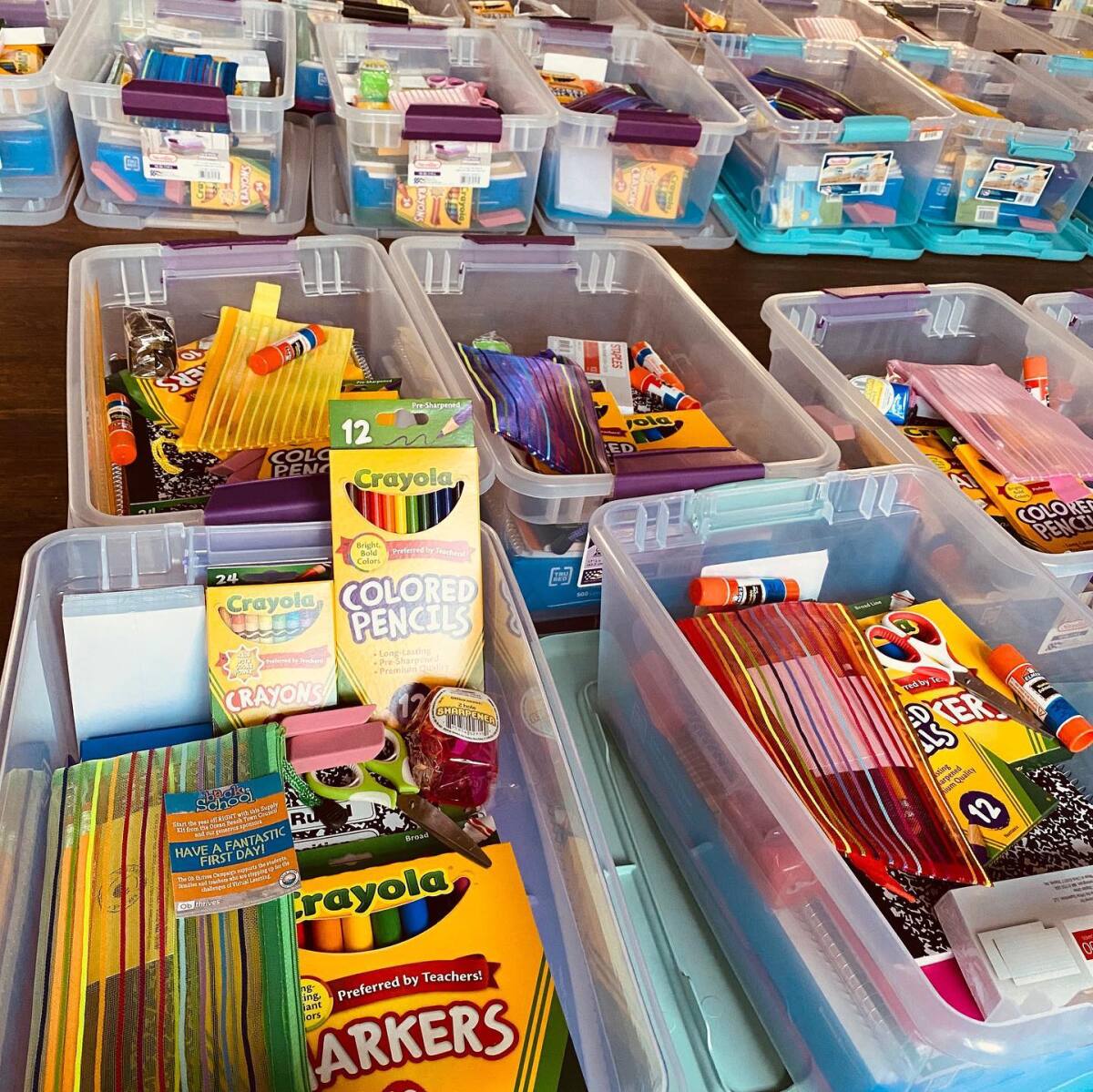 Some of the 480 kits of school supplies provided by the Ocean Beach Town Council.