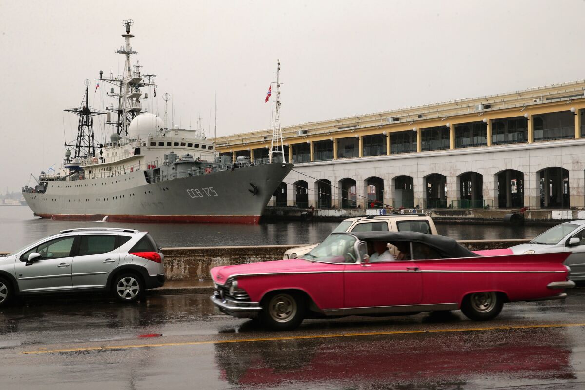 The Viktor Leonov CCB-175, a Russian Navy intelligence warship, is docked at Old Havana. The ship arrived on the eve of the start of historic talks between the United States and Cuba aimed at normalizing diplomatic relations.