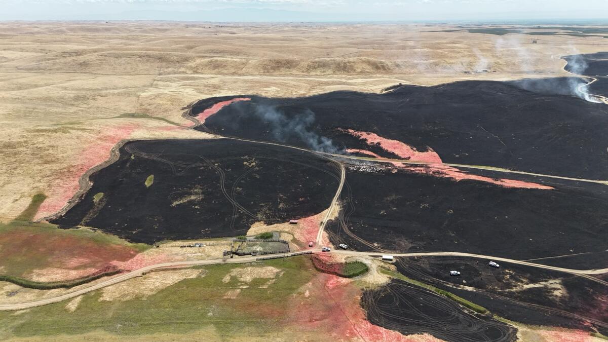 Aeriel view of open land with large blackened area.